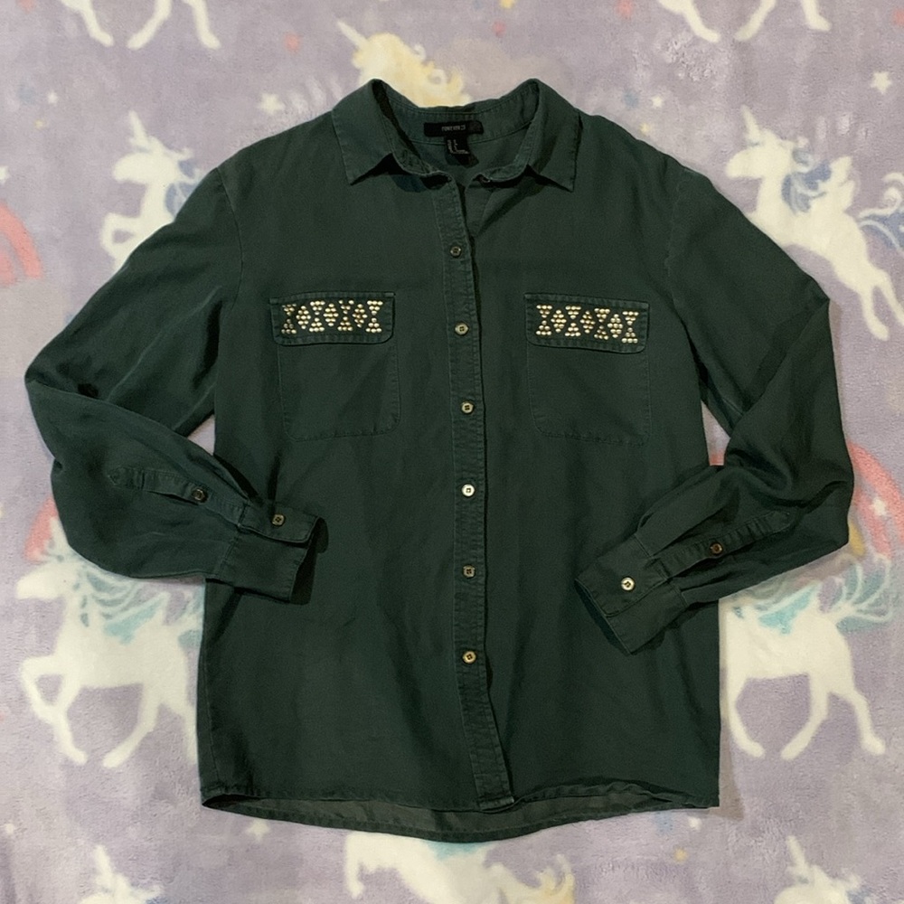 Forever 21 Forest Green Button Down with Gold Detailing